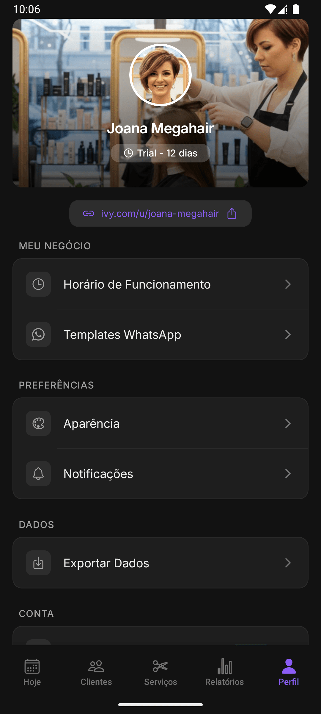 Lista de serviços no Ivy